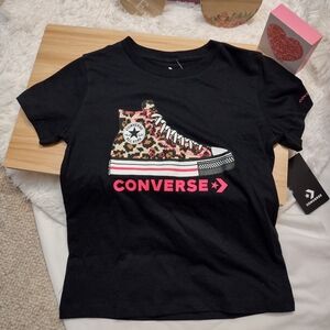 Converse Black T-Shirt with Pink and Brown Sneaker Graphic Girl Med 10/12 🆕